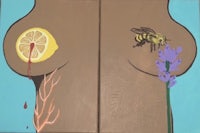 a painting of a woman with a bee and lemon